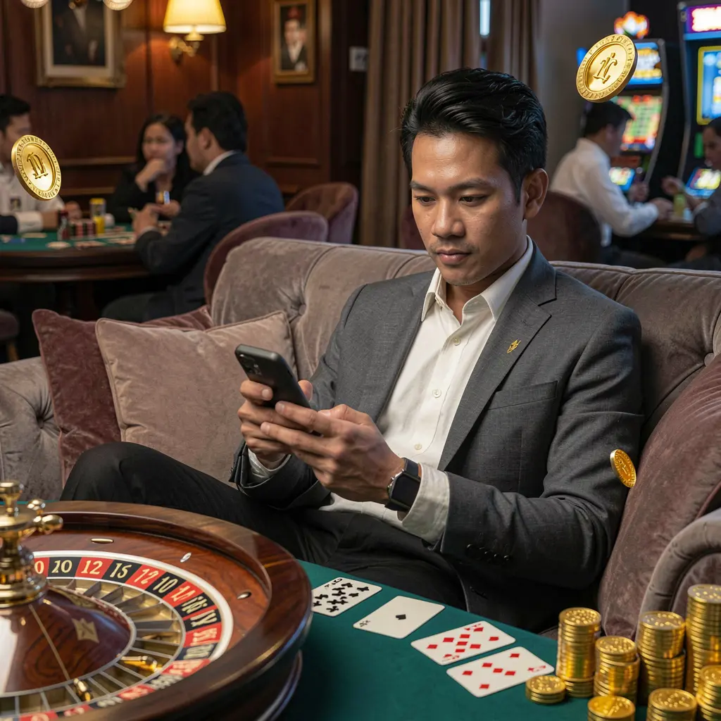 Stylish Malaysian man relaxing on a sofa while using the DN99 casino app with floating poker chips cards and roulette in a premium digital gaming scene