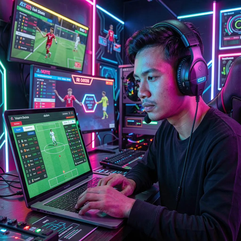Focused Malaysian sports bettor using a laptop with live football odds and betting markets on DN99 in a vibrant neon cyber-style environment