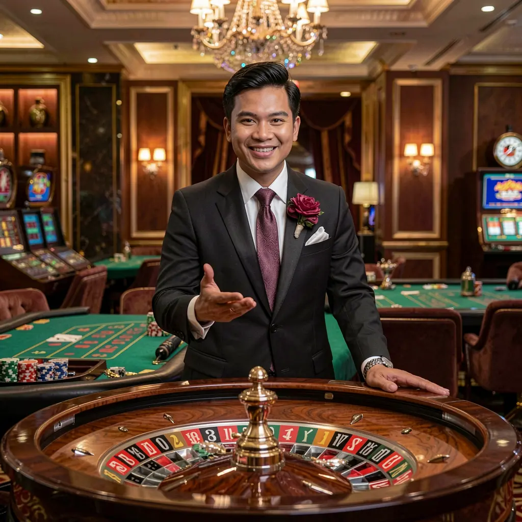 Stylish live casino dealer in a luxury suit presenting a roulette table in a grand casino hall representing the premium live gaming experience at DN99 Malaysia