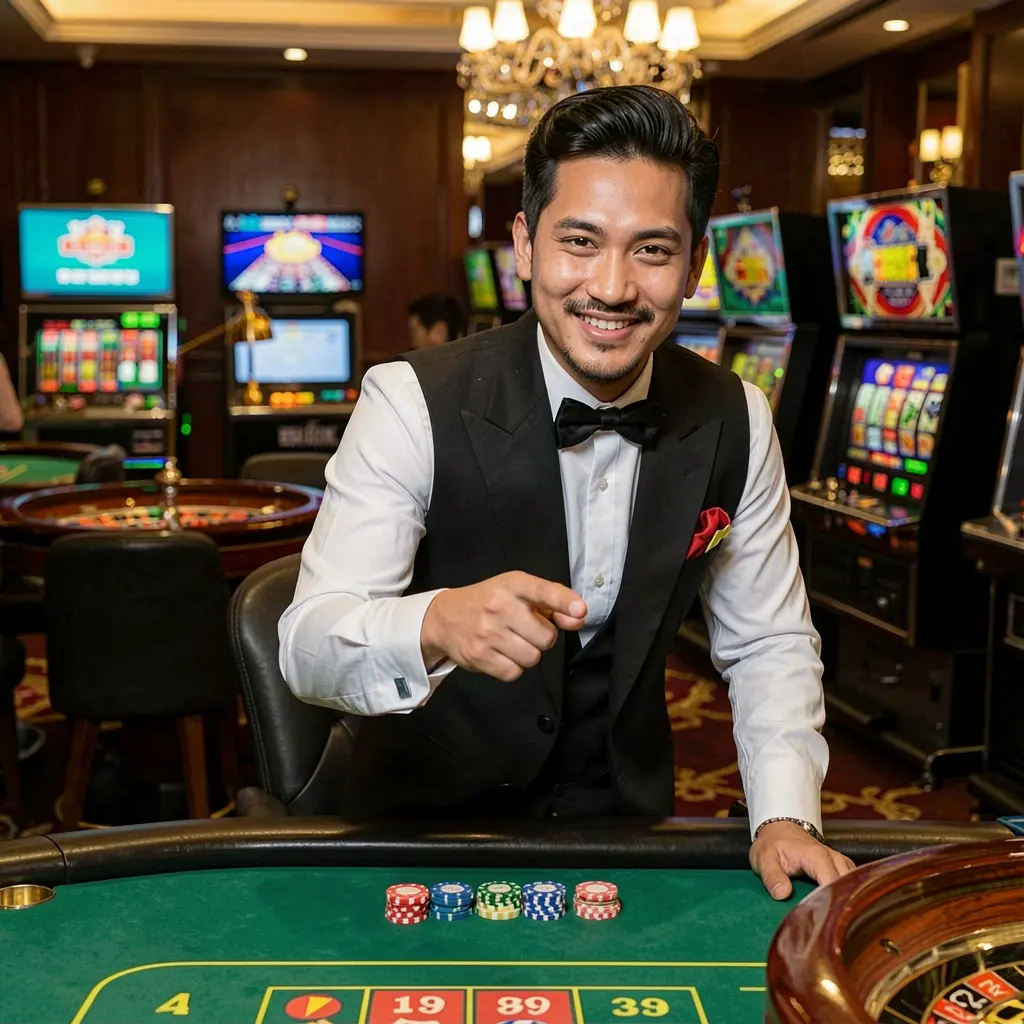 Professional Malaysian DN99 live casino dealer welcoming players at a roulette table with vibrant slot machines in the background