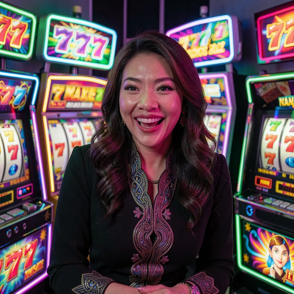 Excited female player smiling while enjoying vibrant slot machines with glowing 777 symbols at DN99 casino in Malaysia